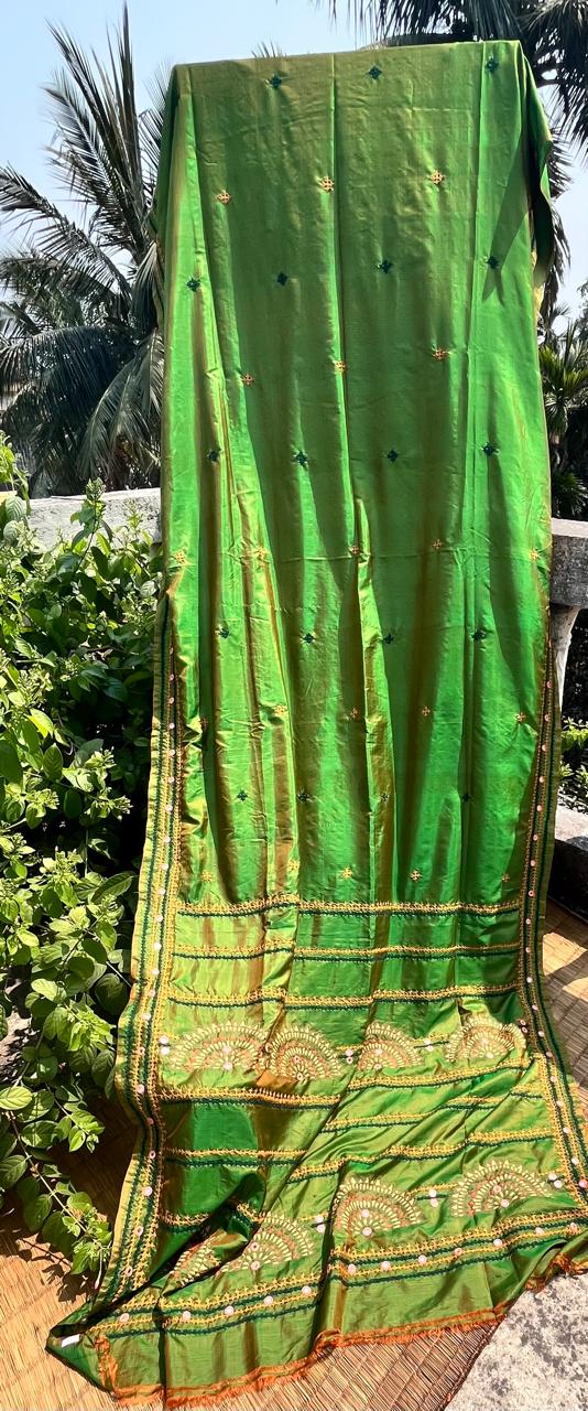 Handloom Bishnupuri Katan Silk Saree Hand Embroidered with Blouse Piece