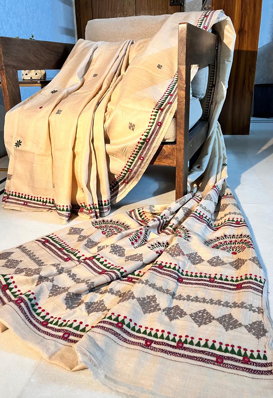 Handloom Gachi Tussar Saree hand embroidered with Blouse Piece