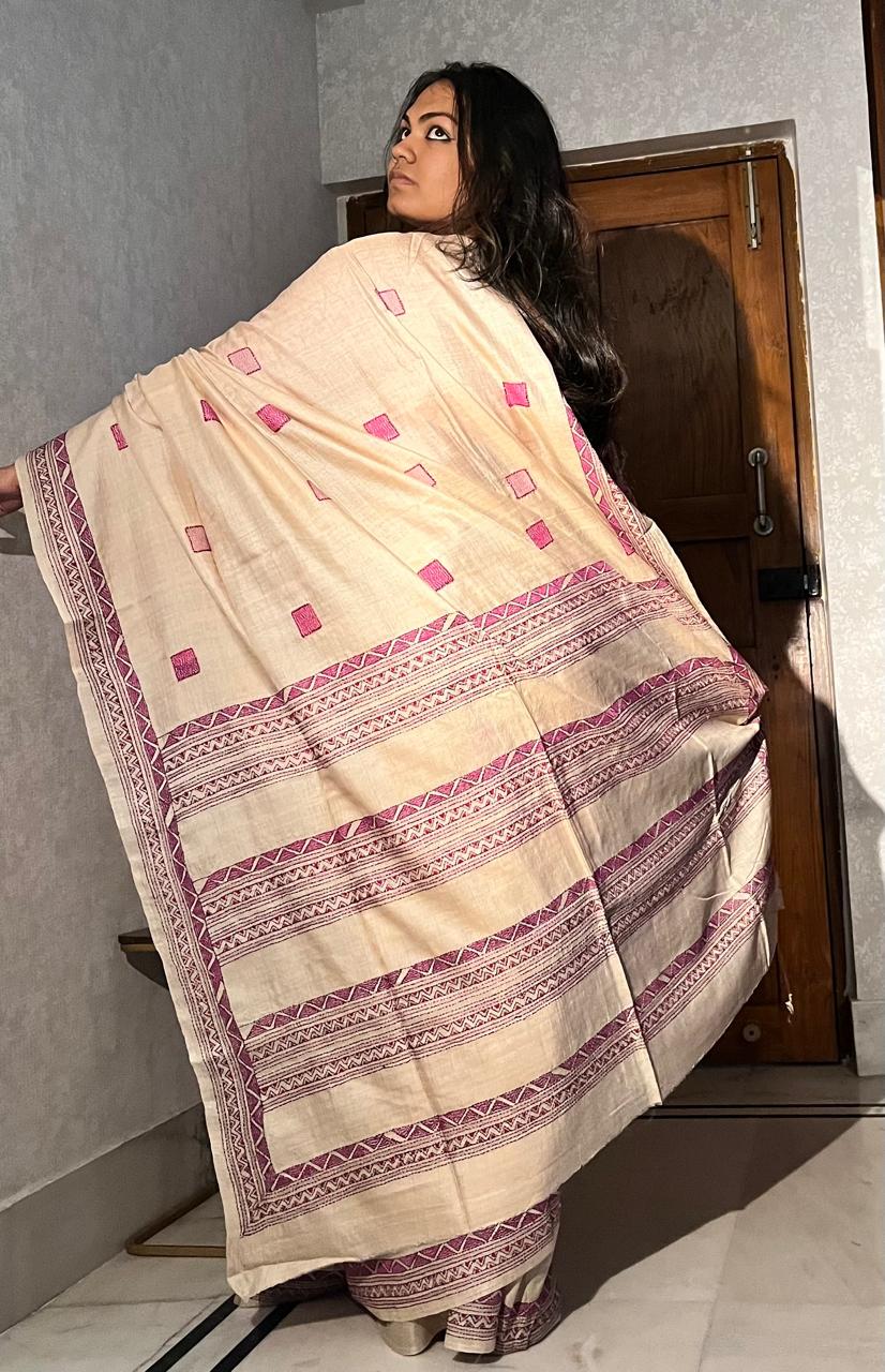 Gachi Tussar . Hand Embroidered ( Kantha work) with running blouse piece . Beige colour