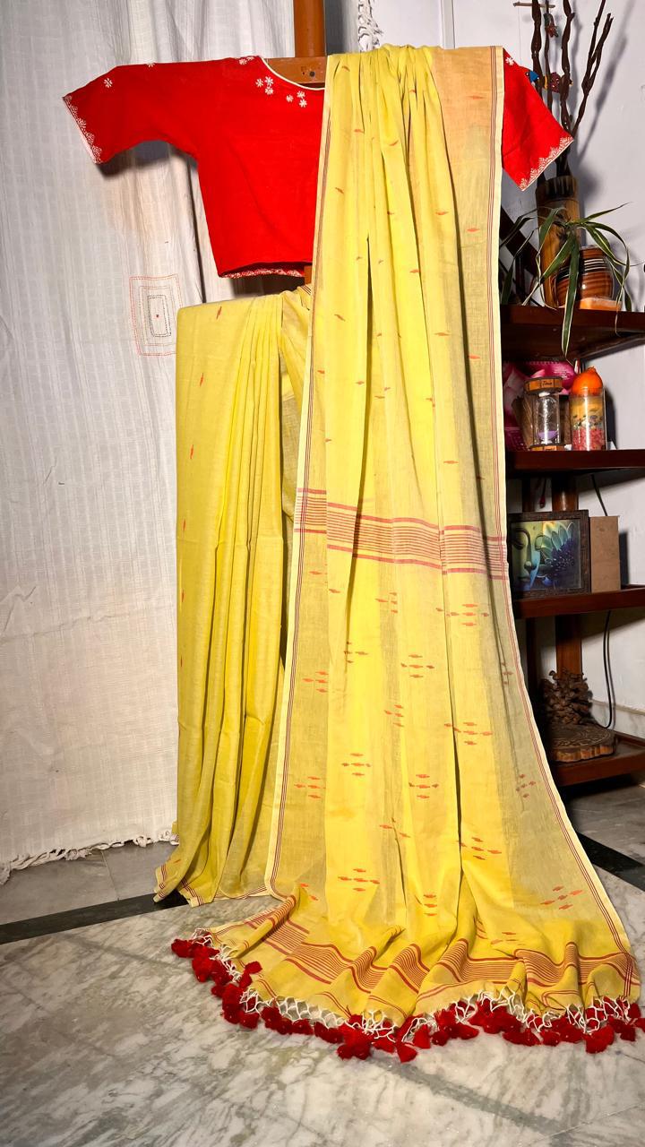 Jamdani weaved Pure Cotton Mulmul- Handloom- Yellow Color