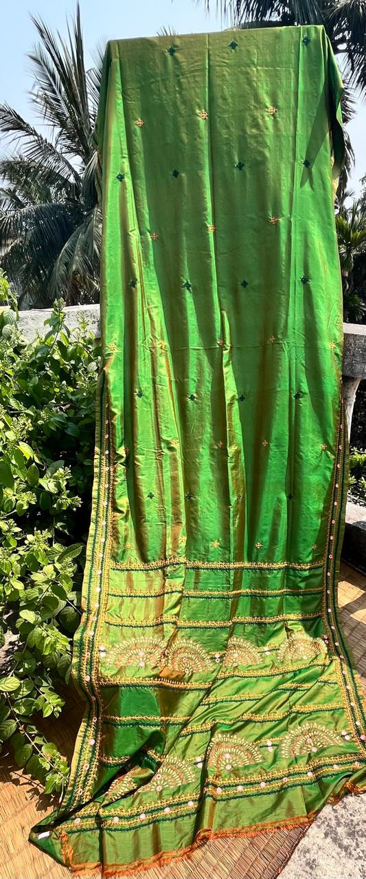 Handloom Bishnupuri Katan Silk Saree Hand Embroidered with Blouse Piece