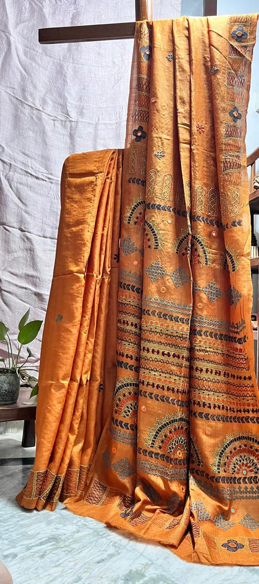 Gachi Tussar Handloom Saree with Lambani Hand Embroidered with Blouse Piece