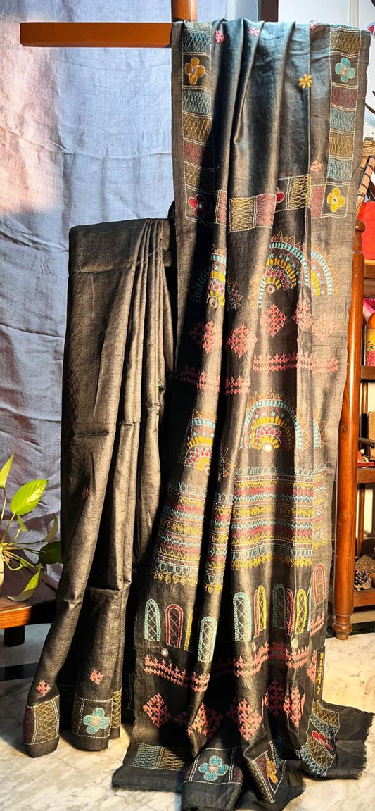Gachi Tussar Handloom Saree Hand Embroidered Lambani Work with Blouse Piece