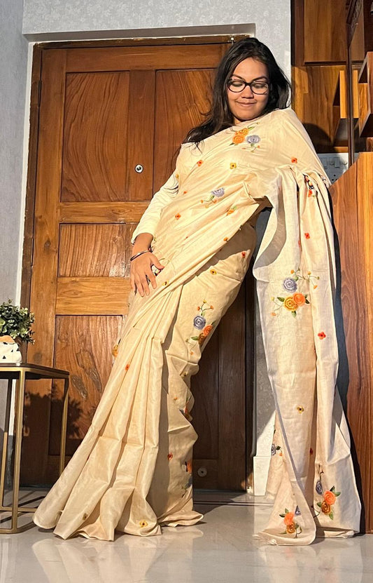 Handloom Gachi Tussar hand embroidered(Parsi Work) with Blouse Piece