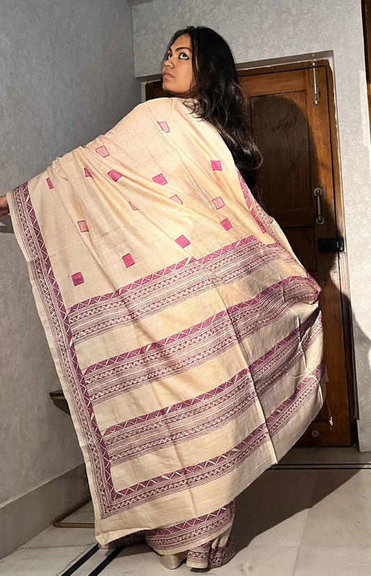 Gachi Tussar . Hand Embroidered ( Kantha work) with running blouse piece .  Beige colour