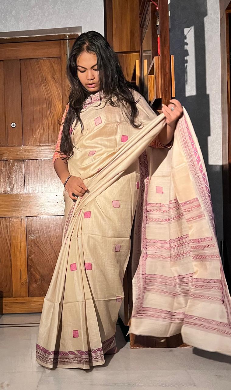 Gachi Tussar . Hand Embroidered ( Kantha work) with running blouse piece .  Beige colour