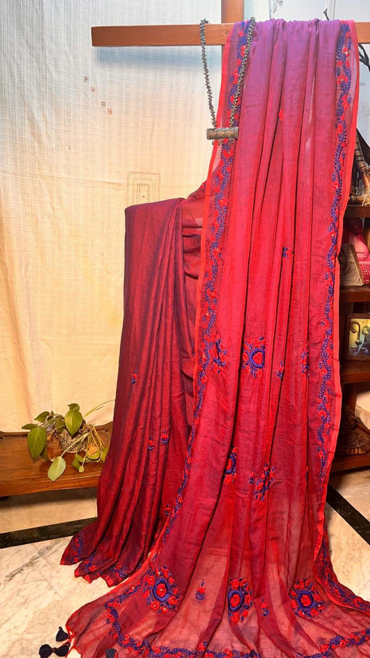 Hand Embroidered pure cotton mulmul Handloom Saree