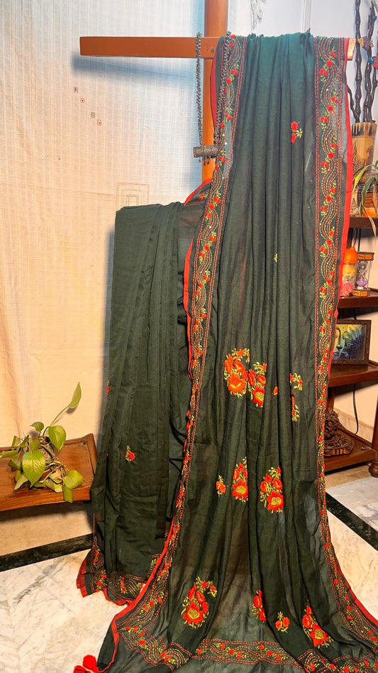 Hand Embroidered pure cotton Mulmul Handloom Saree