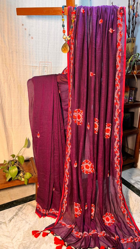 Hand Embroidered pure cotton Mulmul Handloom Saree
