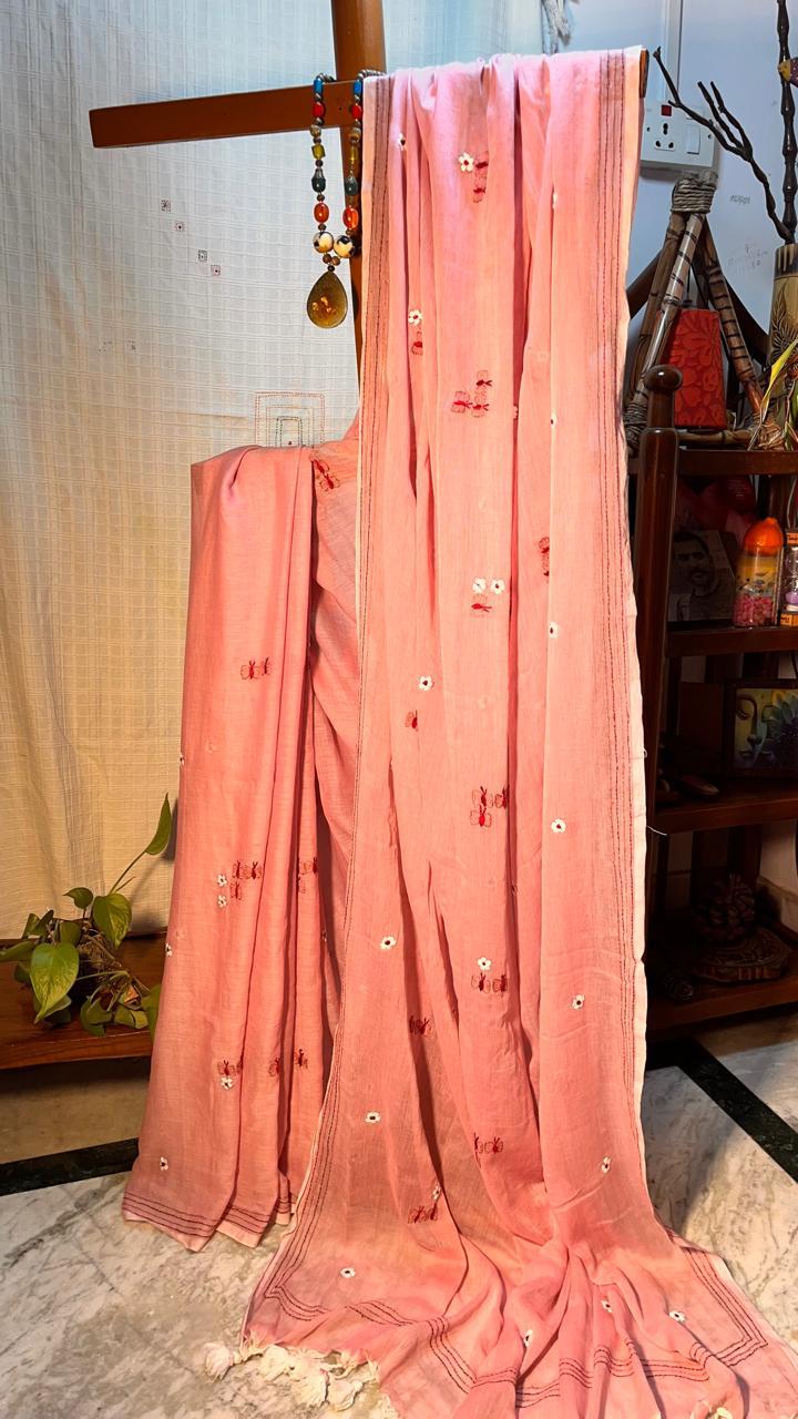 Hand Embroidered pure cotton Mulmul Handloom Saree