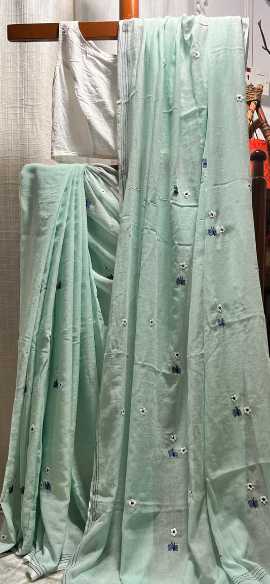 Hand Embroidered pure cotton Mulmul Handloom Saree