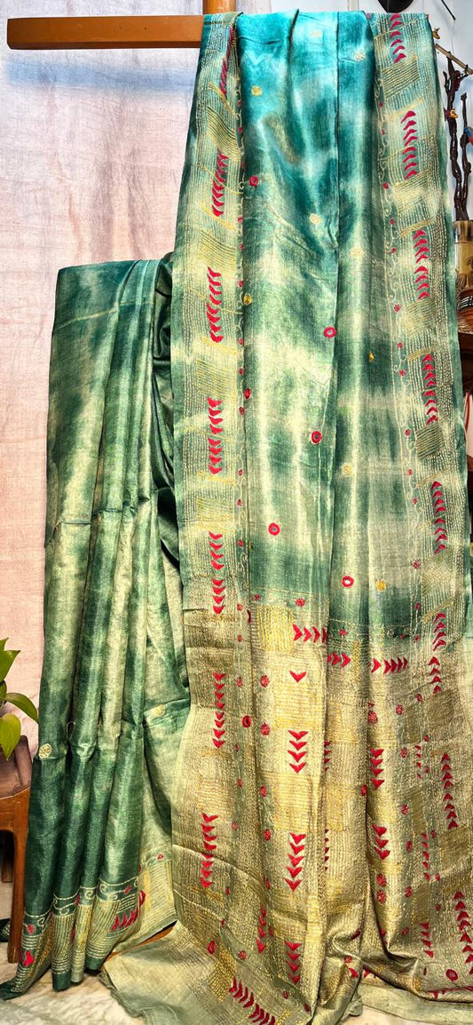 Gachi Tussar Tied and Dyed Hand Embroidered Saree with Blouse piece