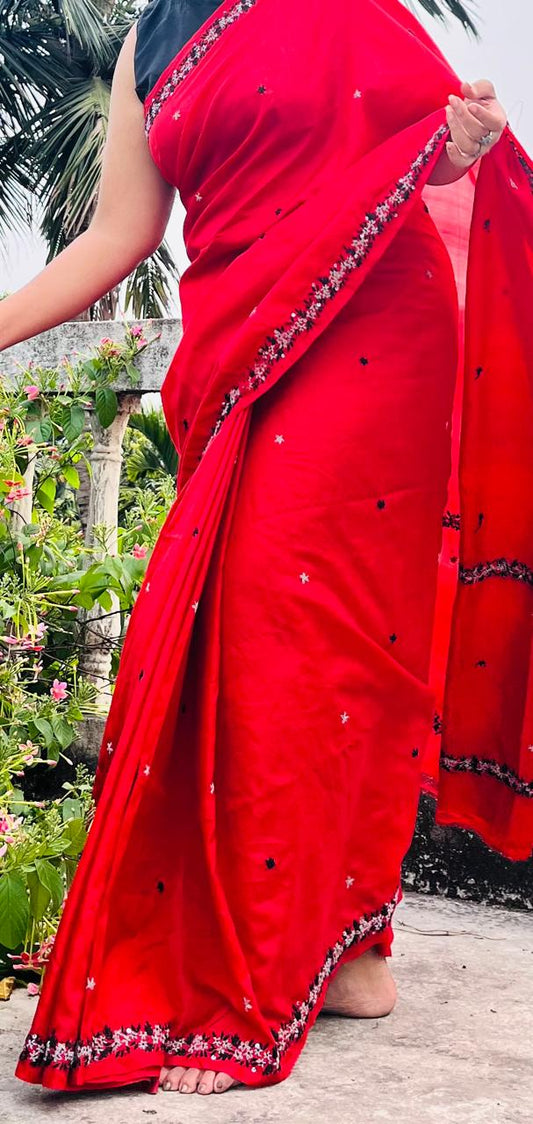 Handloom Bishnupuri Katan Silk Saree Hand Embroidered with Blouse Piece