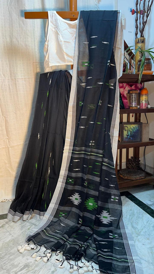 Pure Cotton Mulmul with Handloom Jamdani work (Black)- summer fashion