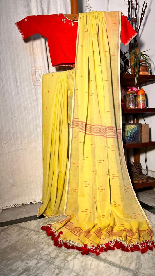 Jamdani weaved Pure Cotton Mulmul- Handloom- Yellow Color