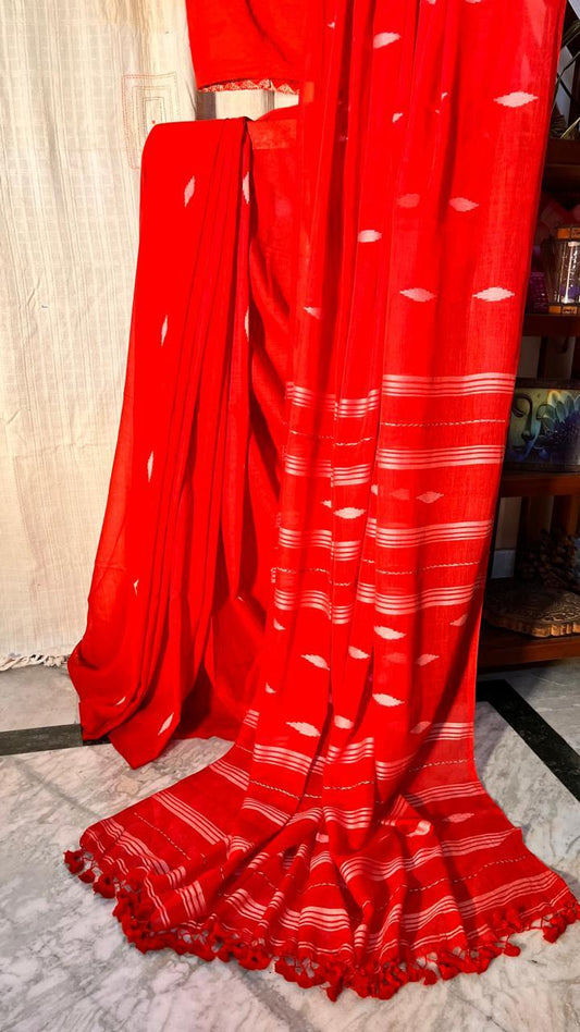 Jamdani weaved Pure Cotton Mulmul- Handloom (Red color)