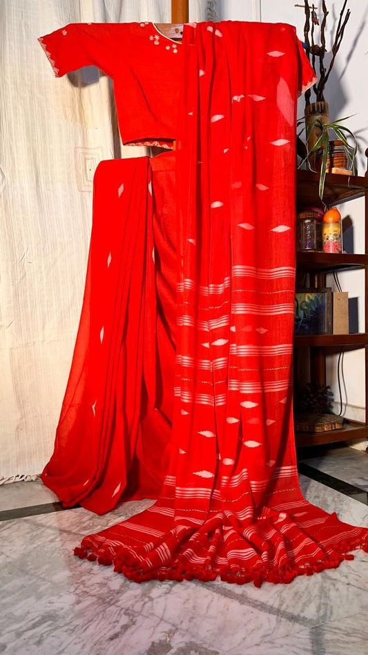 Jamdani weaved Pure Cotton Mulmul- Handloom (Red color)
