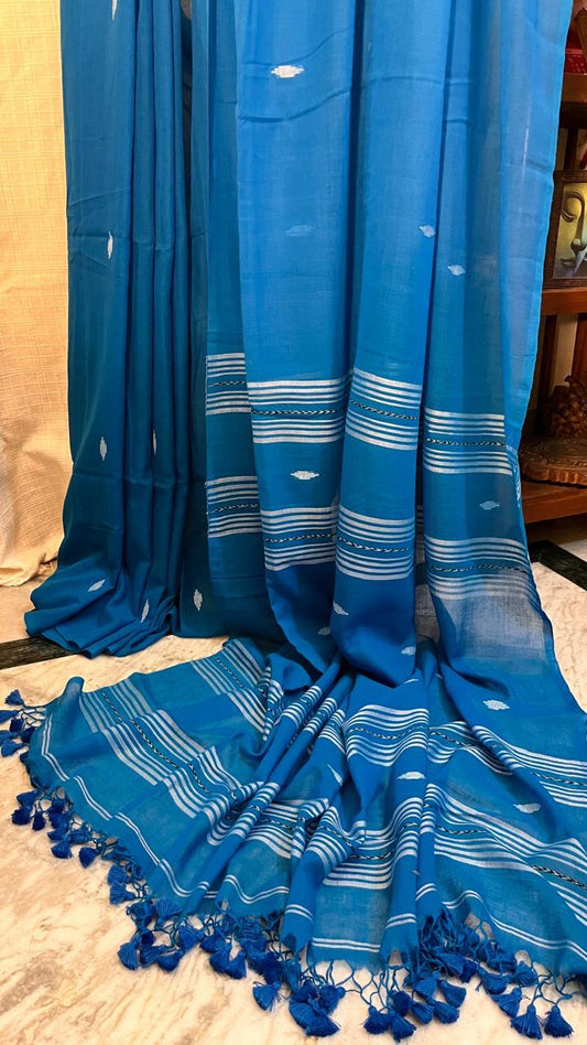 Pure Cotton Mulmul with Handloom Jamdani work (Blue)- summer fashion